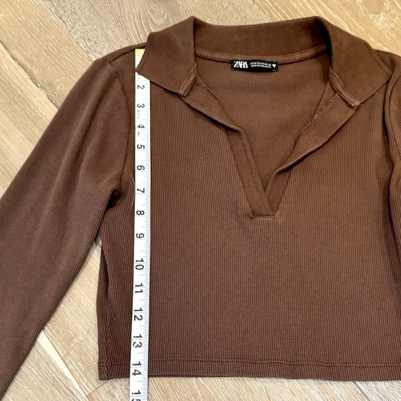 Zara Long Sleeve Ribbed Collared Crop Top Brown Medium - Picture 2 of 6